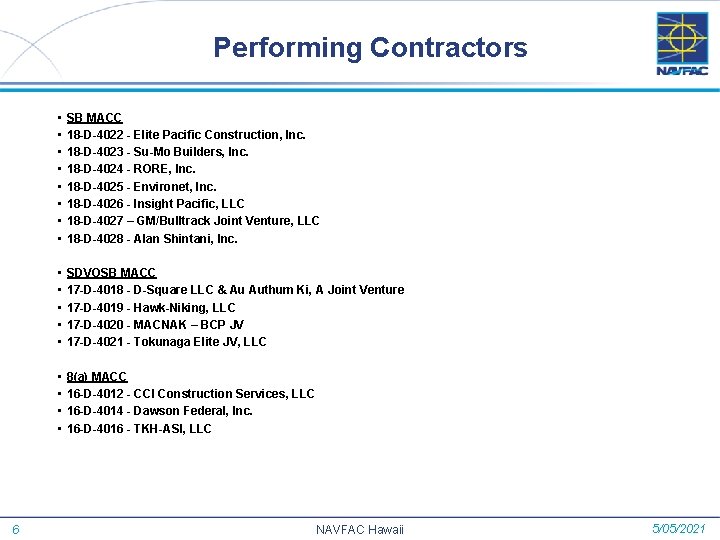 Performing Contractors 6 • • SB MACC 18 -D-4022 - Elite Pacific Construction, Inc.