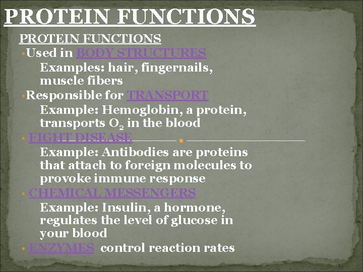 PROTEIN FUNCTIONS • Used in BODY STRUCTURES Examples: hair, fingernails, muscle fibers • Responsible