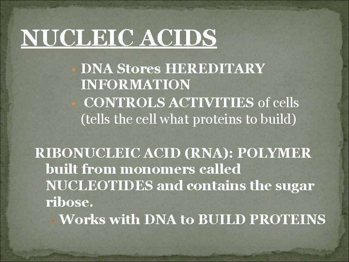 NUCLEIC ACIDS • DNA Stores HEREDITARY INFORMATION • CONTROLS ACTIVITIES of cells (tells the