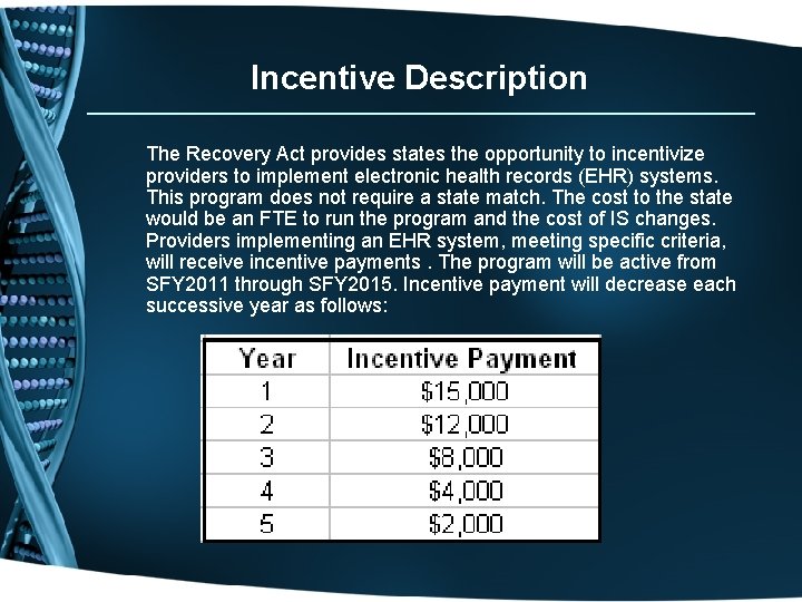 Incentive Description The Recovery Act provides states the opportunity to incentivize providers to implement
