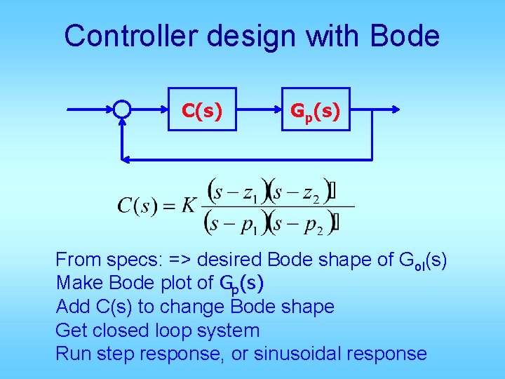 Controller design with Bode C(s) Gp(s) From specs: => desired Bode shape of Gol(s)