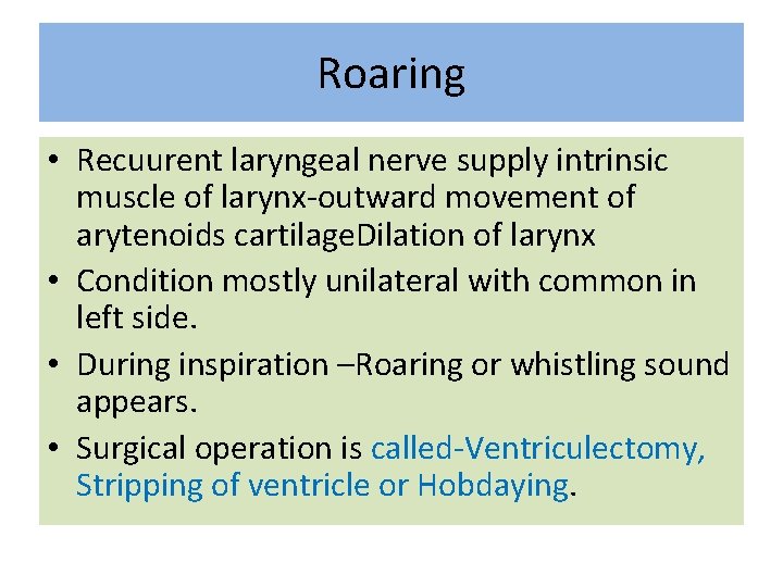 Roaring • Recuurent laryngeal nerve supply intrinsic muscle of larynx-outward movement of arytenoids cartilage.