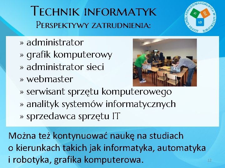 Technik informatyk Perspektywy zatrudnienia: » administrator » grafik komputerowy » administrator sieci » webmaster