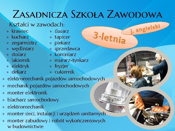 Zasadnicza Szkoła Zawodowa Kształci w zawodach: » krawiec » ślusarz » kucharz » tapicer