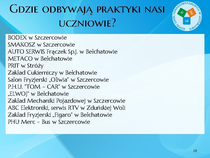 Gdzie odbywają praktyki nasi uczniowie? BODEX w Szczercowie SMAKOSZ w Szczercowie AUTO SERWIS Frączek