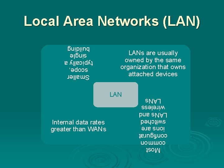 Local Area Networks (LAN) LANs are usually owned by the same organization that owns