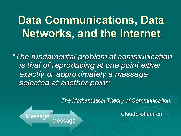 Data Communications, Data Networks, and the Internet “The fundamental problem of communication is that
