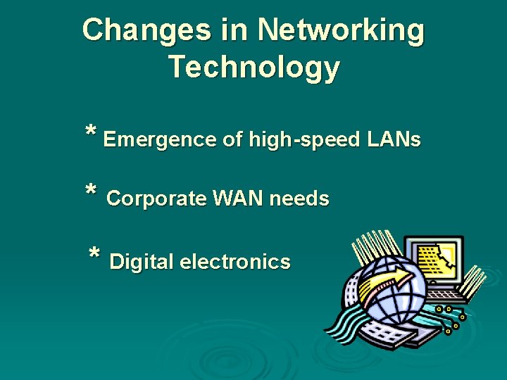 Changes in Networking Technology * Emergence of high-speed LANs * Corporate WAN needs *
