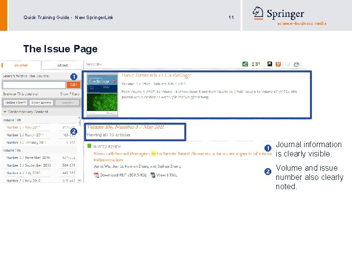 Quick Training Guide - New Springer. Link 11 The Issue Page Journal information is