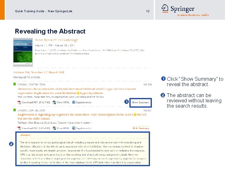 Quick Training Guide - New Springer. Link 12 Revealing the Abstract Click “Show Summary”