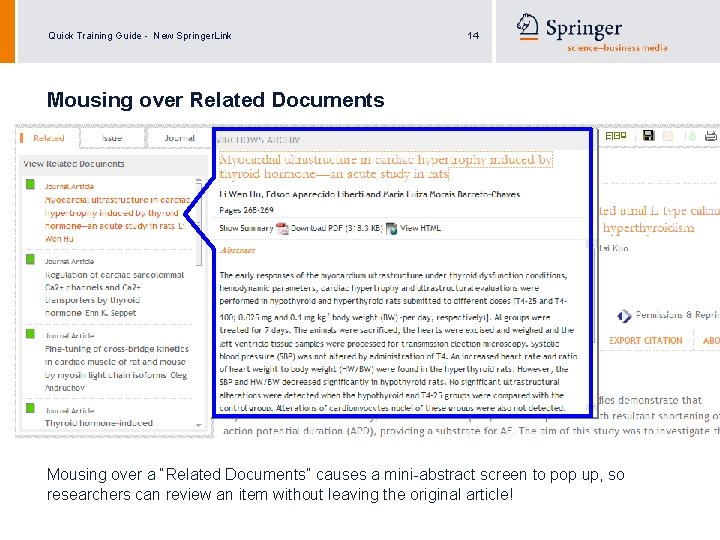 Quick Training Guide - New Springer. Link 14 Mousing over Related Documents Mousing over