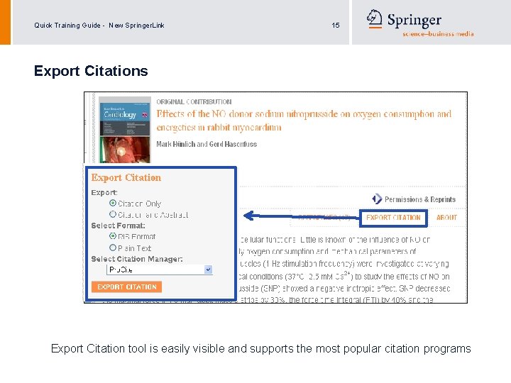 Quick Training Guide - New Springer. Link 15 Export Citations Export Citation tool is