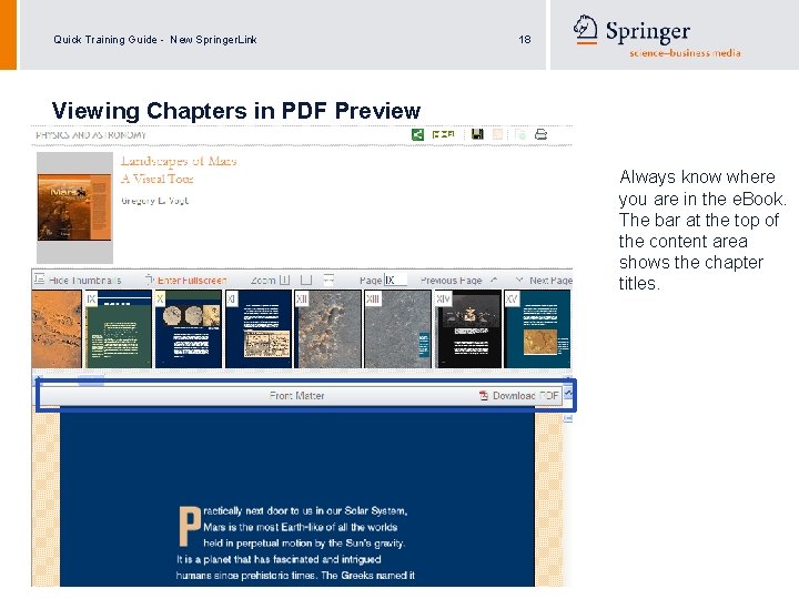 Quick Training Guide - New Springer. Link 18 Viewing Chapters in PDF Preview Always