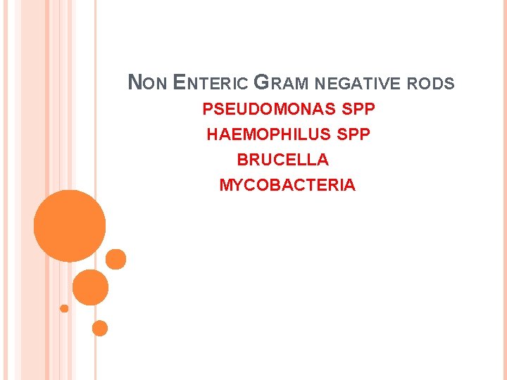 NON ENTERIC GRAM NEGATIVE RODS PSEUDOMONAS SPP HAEMOPHILUS SPP BRUCELLA MYCOBACTERIA 
