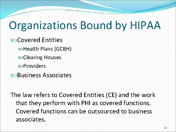 Organizations Bound by HIPAA Covered Entities Health Plans (GCBH) Clearing Houses Providers Business Associates