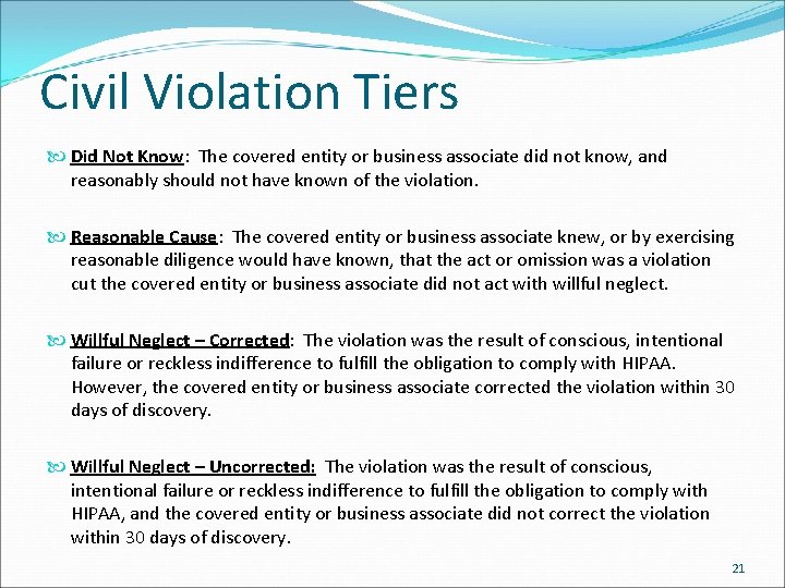 Civil Violation Tiers Did Not Know: The covered entity or business associate did not