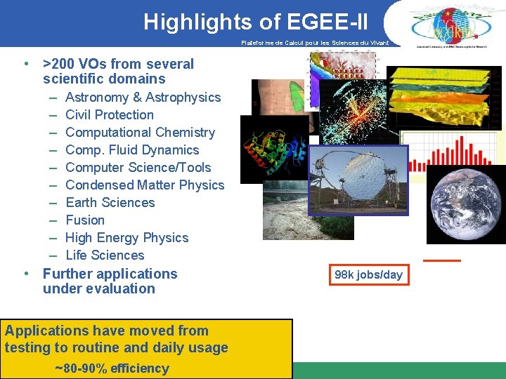 Highlights of EGEE-II Plateforme de Calcul pour les Sciences du Vivant • >200 VOs