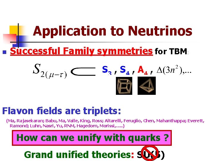 Application to Neutrinos n Successful Family symmetries for TBM: Flavon fields are triplets: (Ma,