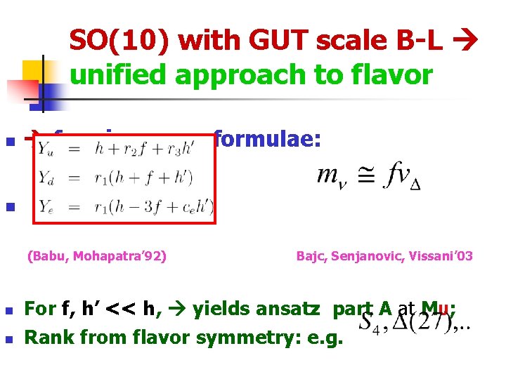 SO(10) with GUT scale B-L unified approach to flavor n fermion mass formulae: n