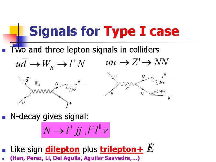 Signals for Type I case n Two and three lepton signals in colliders n