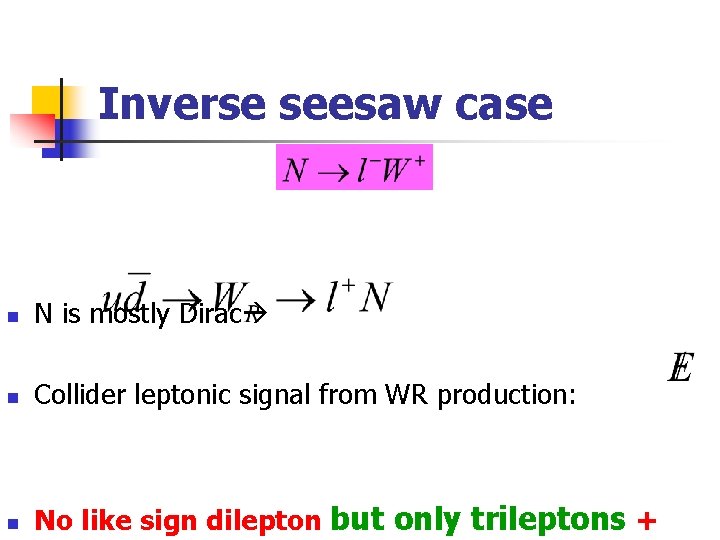 Inverse seesaw case n N is mostly Dirac n Collider leptonic signal from WR