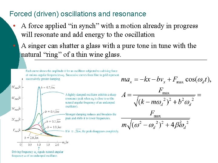 Forced (driven) oscillations and resonance • A force applied “in synch” with a motion