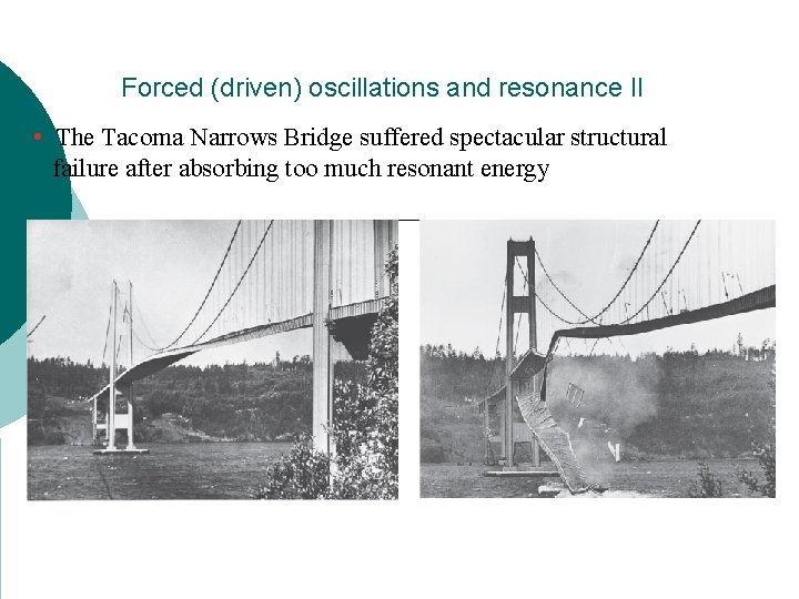 Forced (driven) oscillations and resonance II • The Tacoma Narrows Bridge suffered spectacular structural