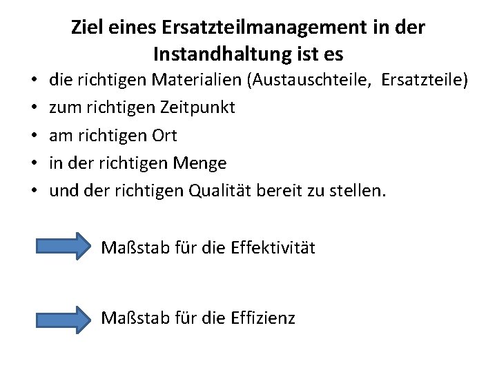 Ziel eines Ersatzteilmanagement in der Instandhaltung ist es • • • die richtigen Materialien