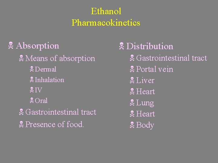 Ethanol Pharmacokinetics N Absorption N Means of absorption N Dermal N Inhalation N IV