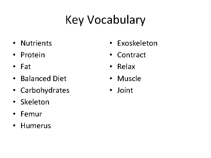 Key Vocabulary • • Nutrients Protein Fat Balanced Diet Carbohydrates Skeleton Femur Humerus •