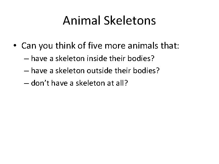 Animal Skeletons • Can you think of five more animals that: – have a