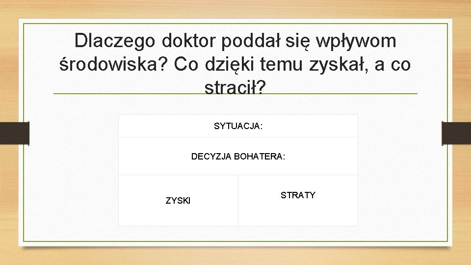 Dlaczego doktor poddał się wpływom środowiska? Co dzięki temu zyskał, a co stracił? SYTUACJA: