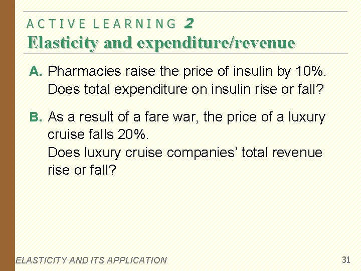 ACTIVE LEARNING 2 Elasticity and expenditure/revenue A. Pharmacies raise the price of insulin by