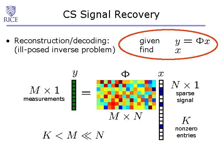 CS Signal Recovery • Reconstruction/decoding: (ill-posed inverse problem) measurements given find sparse signal nonzero