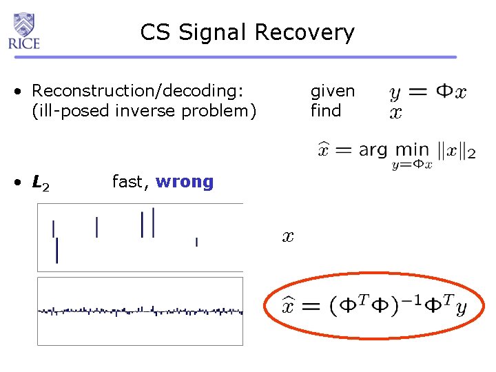 CS Signal Recovery • Reconstruction/decoding: (ill-posed inverse problem) • L 2 fast, wrong given