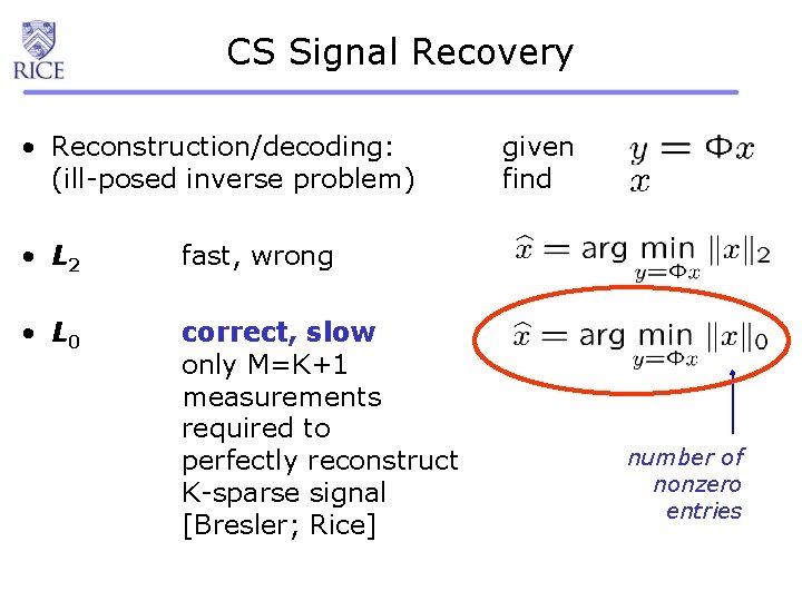 CS Signal Recovery • Reconstruction/decoding: (ill-posed inverse problem) • L 2 fast, wrong •