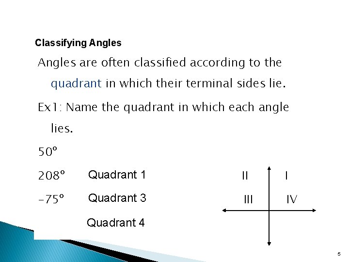 Classifying Angles are often classified according to the quadrant in which their terminal sides Classifying Angles are often classified according to the quadrant in which their terminal sides