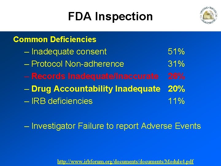 FDA Inspection Common Deficiencies – Inadequate consent – Protocol Non-adherence – Records Inadequate/Inaccurate –