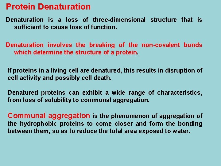 Protein Denaturation is a loss of three-dimensional structure that is sufficient to cause loss