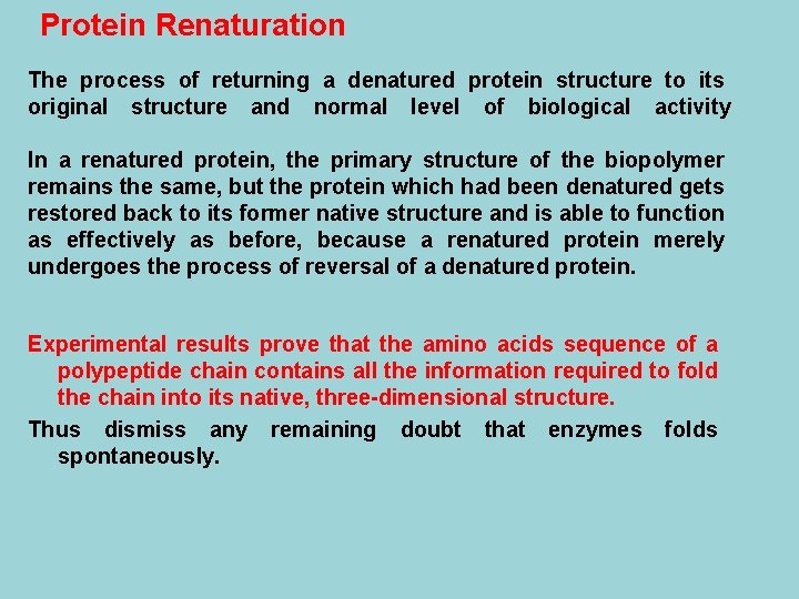 Protein Renaturation The process of returning a denatured protein structure to its original structure