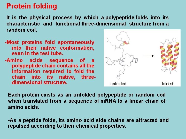 Protein folding It is the physical process by which a polypeptide folds into its