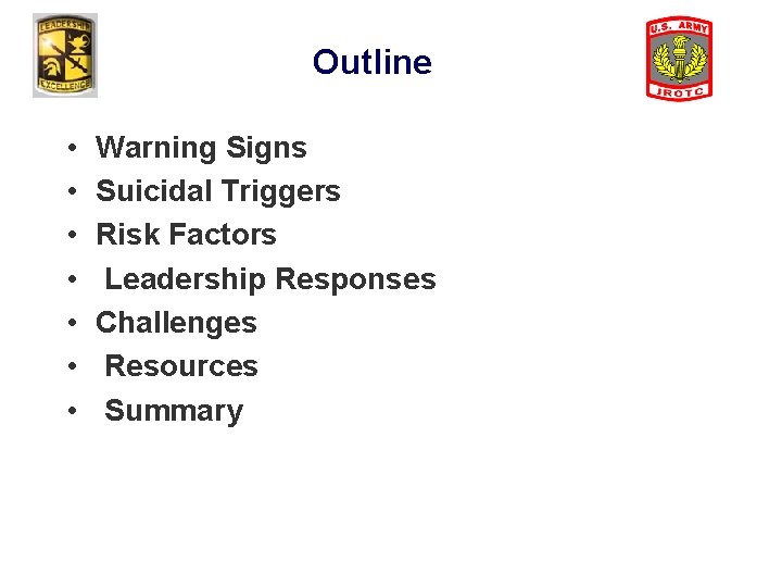 Outline • • Warning Signs Suicidal Triggers Risk Factors Leadership Responses Challenges Resources Summary