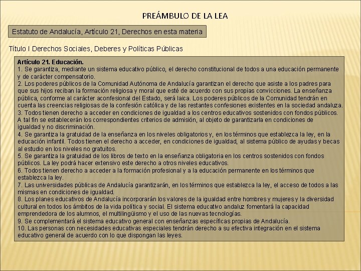 PREÁMBULO DE LA LEA Estatuto de Andalucía, Artículo 21, Derechos en esta materia Título