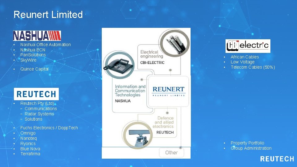 Reunert Limited • • Nashua Office Automation Nashua ECN Pan. Solutions Sky. Wire •