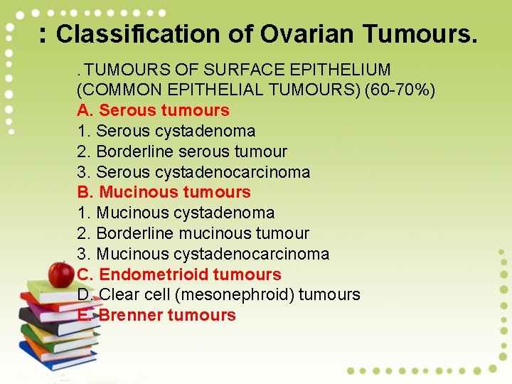 : Classification of Ovarian Tumours. . TUMOURS OF SURFACE EPITHELIUM (COMMON EPITHELIAL TUMOURS) (60