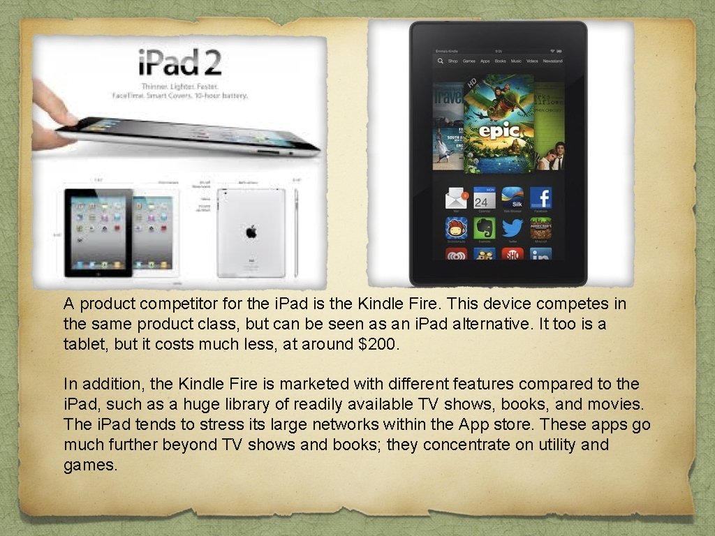 A product competitor for the i. Pad is the Kindle Fire. This device competes