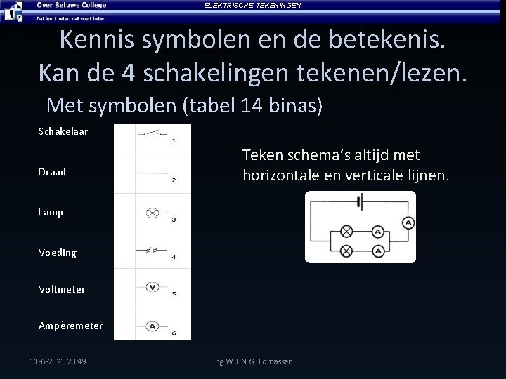 ELEKTRISCHE TEKENINGEN Kennis symbolen en de betekenis. Kan de 4 schakelingen tekenen/lezen. Met symbolen ELEKTRISCHE TEKENINGEN Kennis symbolen en de betekenis. Kan de 4 schakelingen tekenen/lezen. Met symbolen