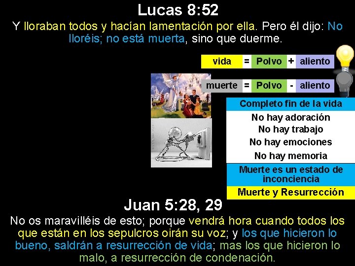 Lucas 8: 52 Y lloraban todos y hacían lamentación por ella. Pero él dijo: