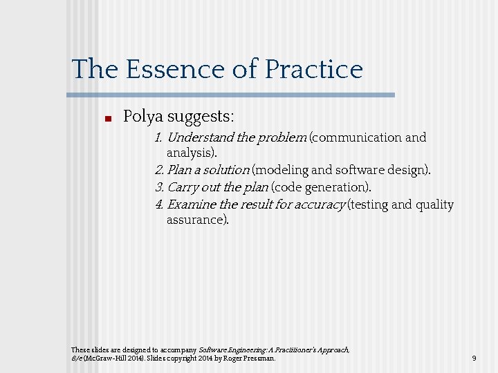 The Essence of Practice ■ Polya suggests: 1. Understand the problem (communication and analysis).