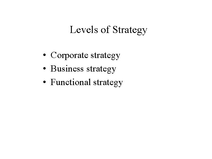 Levels of Strategy • Corporate strategy • Business strategy • Functional strategy 